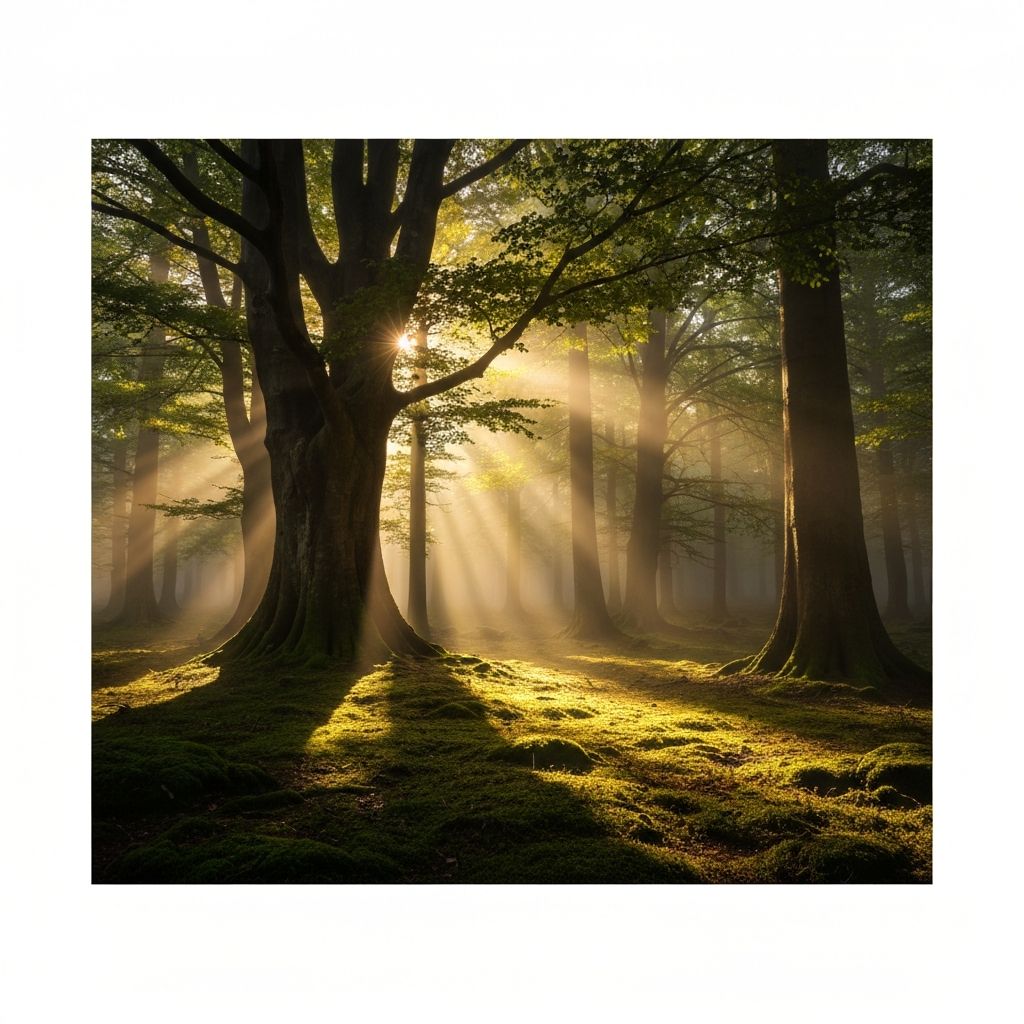 Lanskap hutan alami yang tenang di pagi hari