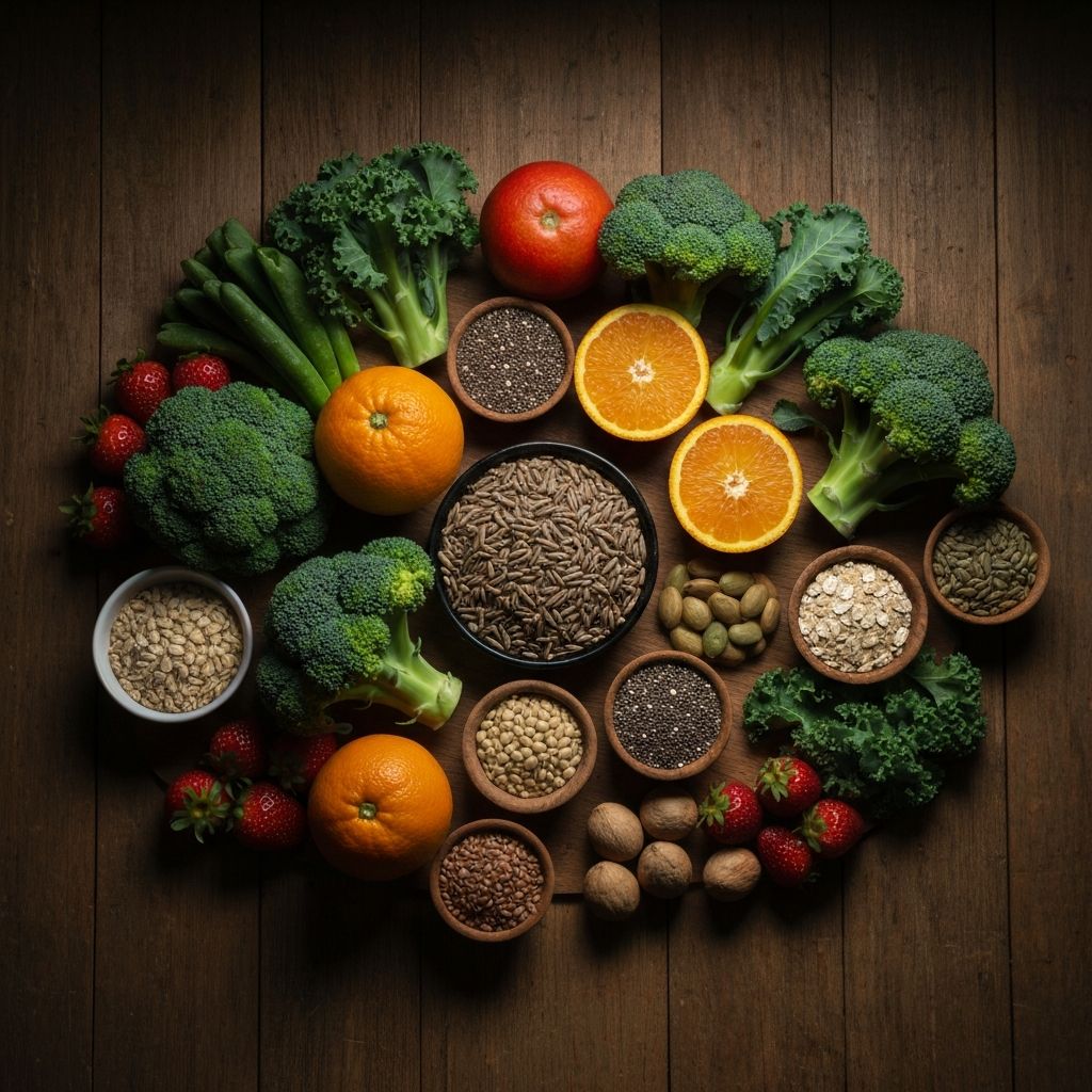 Beragam makanan sehat dan alami yang bergizi di atas permukaan kayu