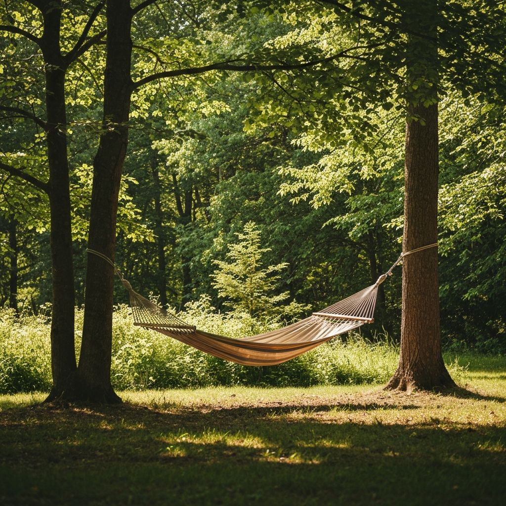 Hammock di antara pepohonan di hutan yang tenang