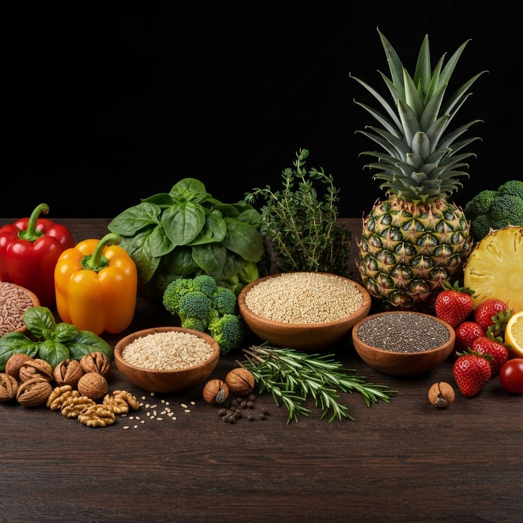 Makanan sehat dan alami yang beragam di atas meja kayu