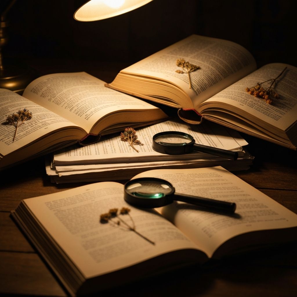 Buku-buku penelitian ilmiah di meja dengan cahaya hangat
